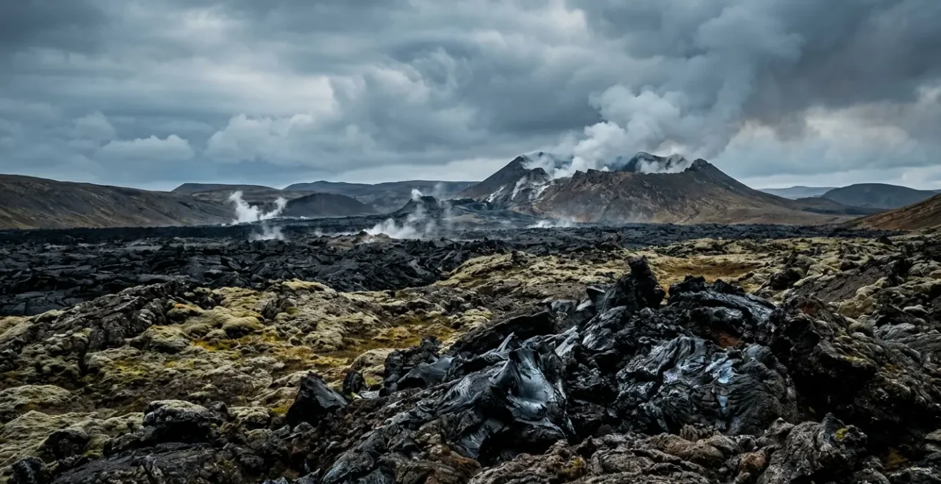 Paysage volcanique islandais avec fumerolles et coulees de lave recentes sous un ciel dramatique