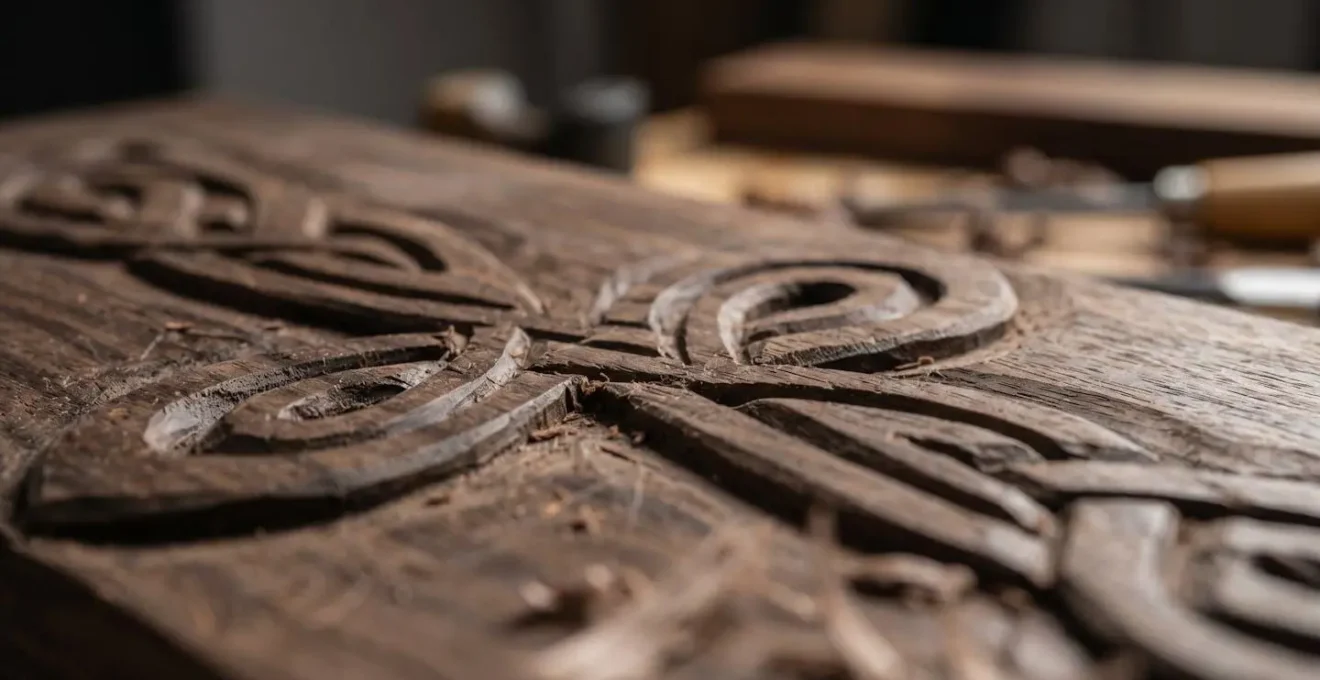 Gros plan sur un travail artisanal du bois avec motifs nordiques traditionnels