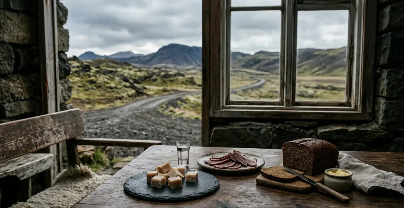 Assortiment de spécialités culinaires islandaises authentiques dans un cadre naturel