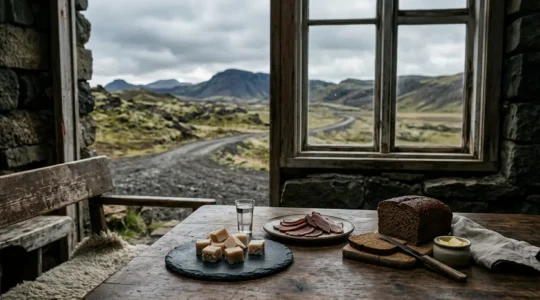 Assortiment de spécialités culinaires islandaises authentiques dans un cadre naturel