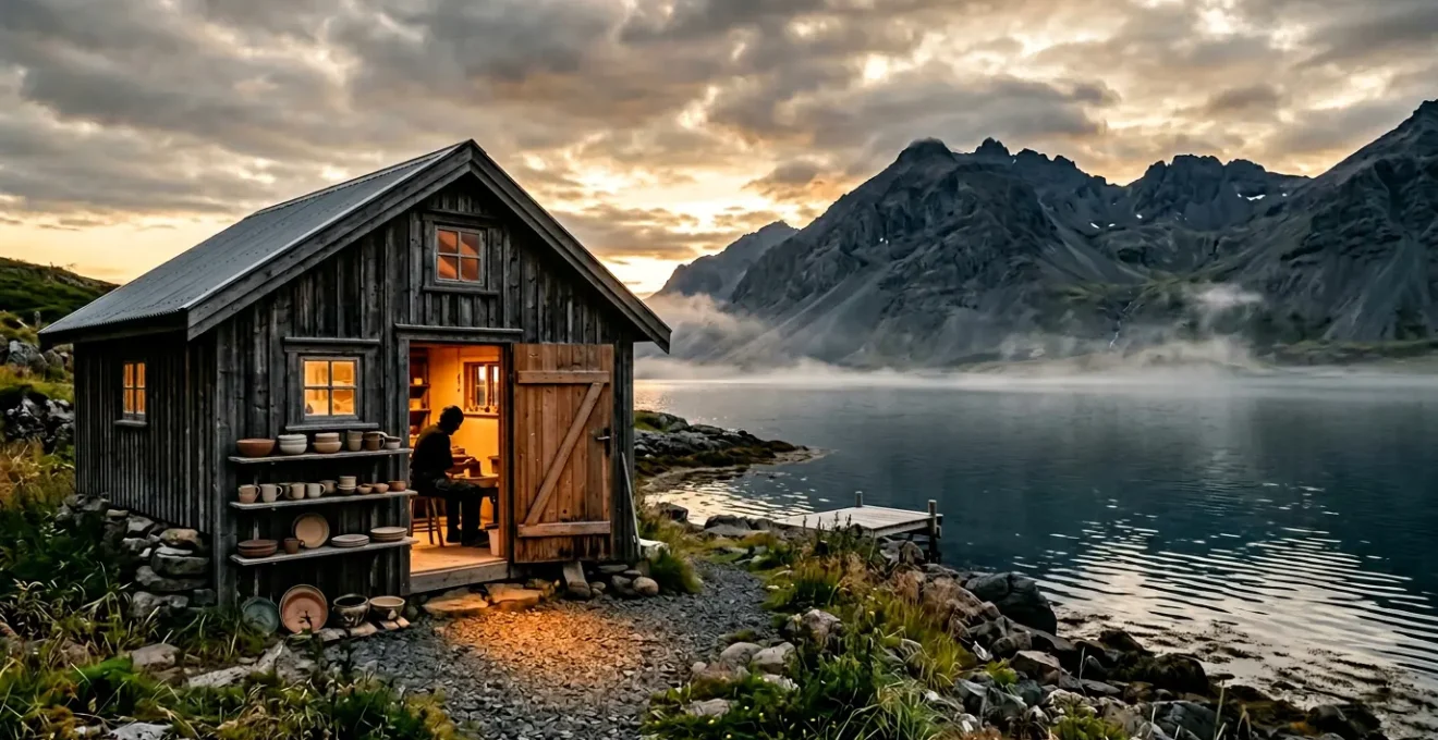 Atelier d'artisan ceramiste au bord d'un fjord islandais avec outils de travail