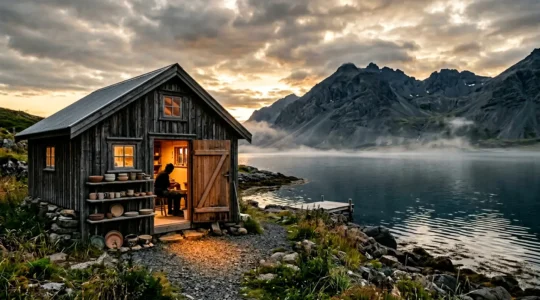 Atelier d'artisan ceramiste au bord d'un fjord islandais avec outils de travail