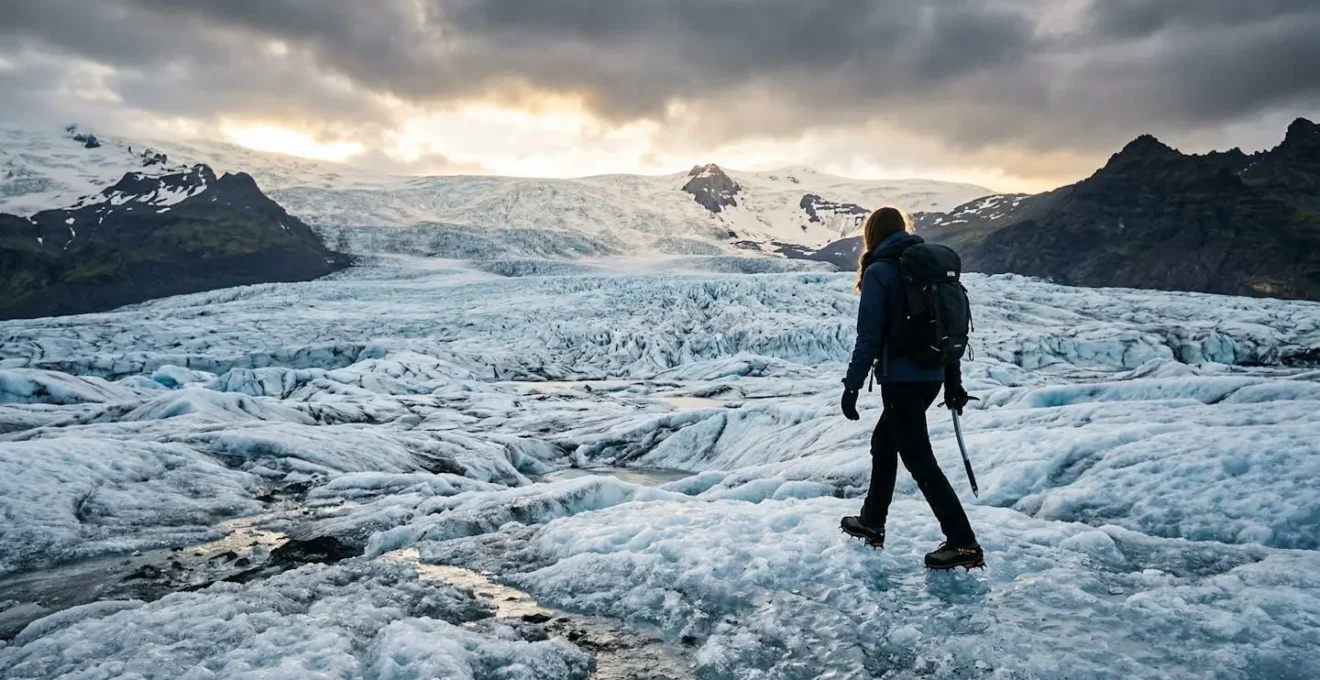 Randonneur avec crampons et piolet progressant sur glacier islandais sous lumiere arctique