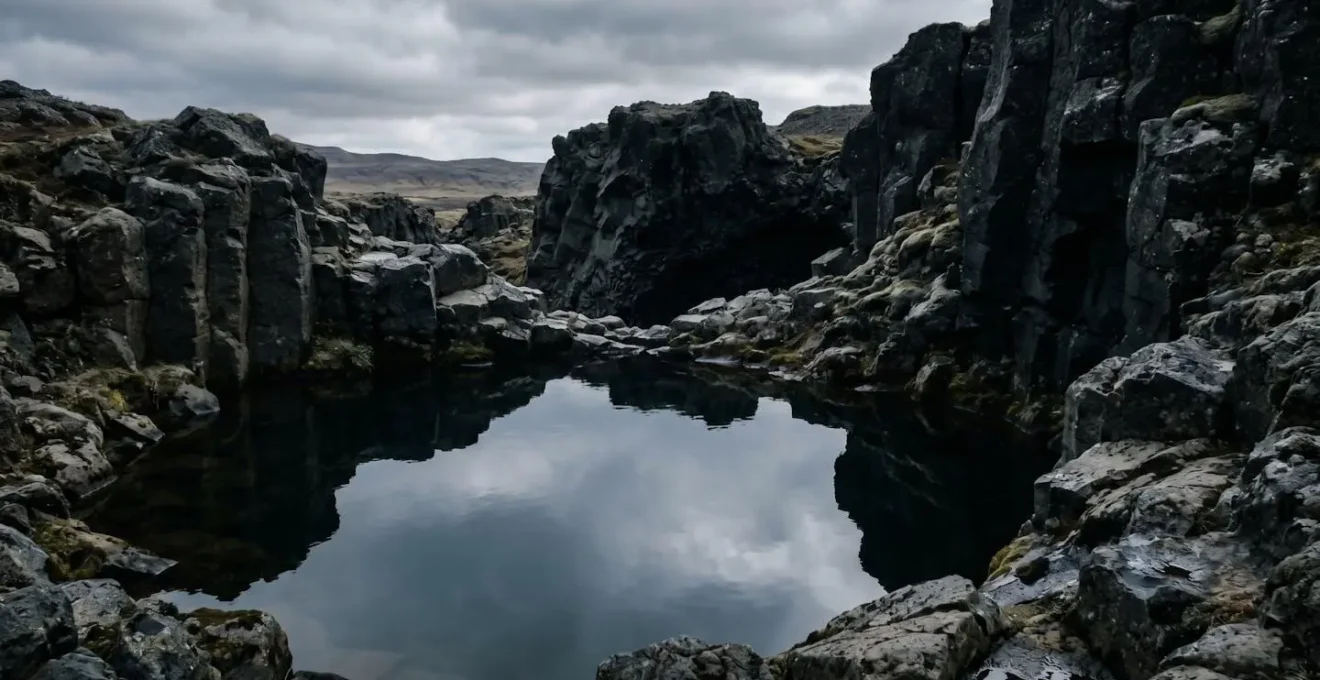 Bassin d'eau sombre entouré de roches volcaniques noires symbolisant le lieu historique d'exécution de Drekkingarhylur à Þingvellir