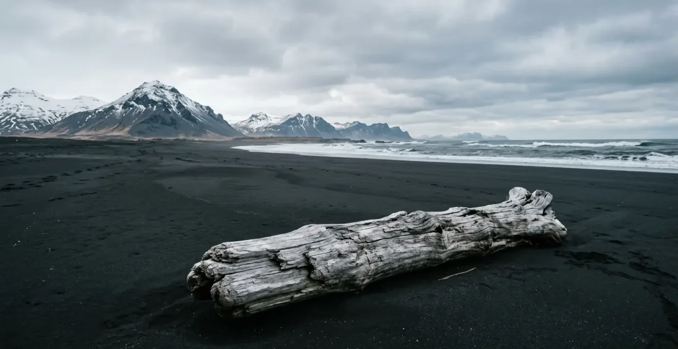 Tronc de bois flotté argenté échoué sur une plage volcanique noire en Islande, avec montagnes enneigées en arrière-plan