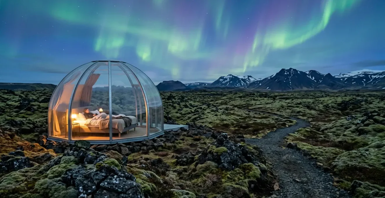 Vue intérieure d'une bulle transparente en Islande sous les aurores boréales avec paysage volcanique
