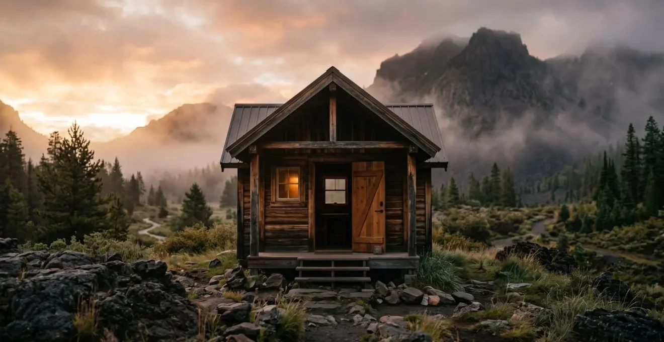 Cabine de camping minimaliste dans paysage naturel islandais au lever du soleil