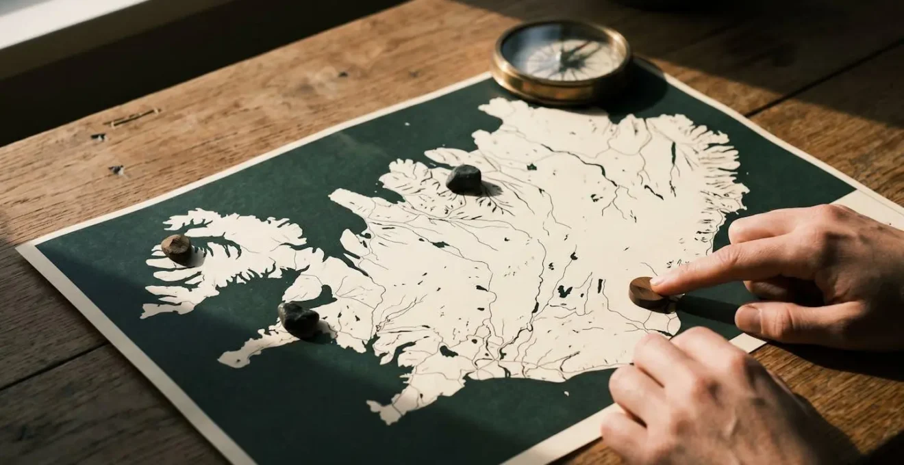 Vue aérienne d'une carte d'itinéraire en Islande avec points de chute stratégiques