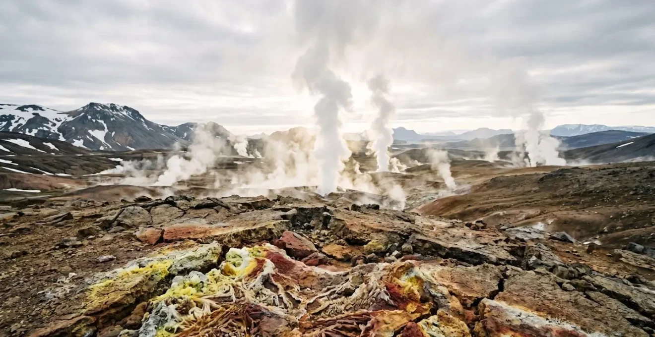 Vapeur s'échappant d'une centrale géothermique dans un paysage volcanique islandais