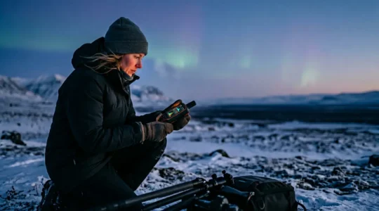 Observateur analysant des données de vent solaire et des graphiques de prévision météo spatiale pour prédire une aurore boréale