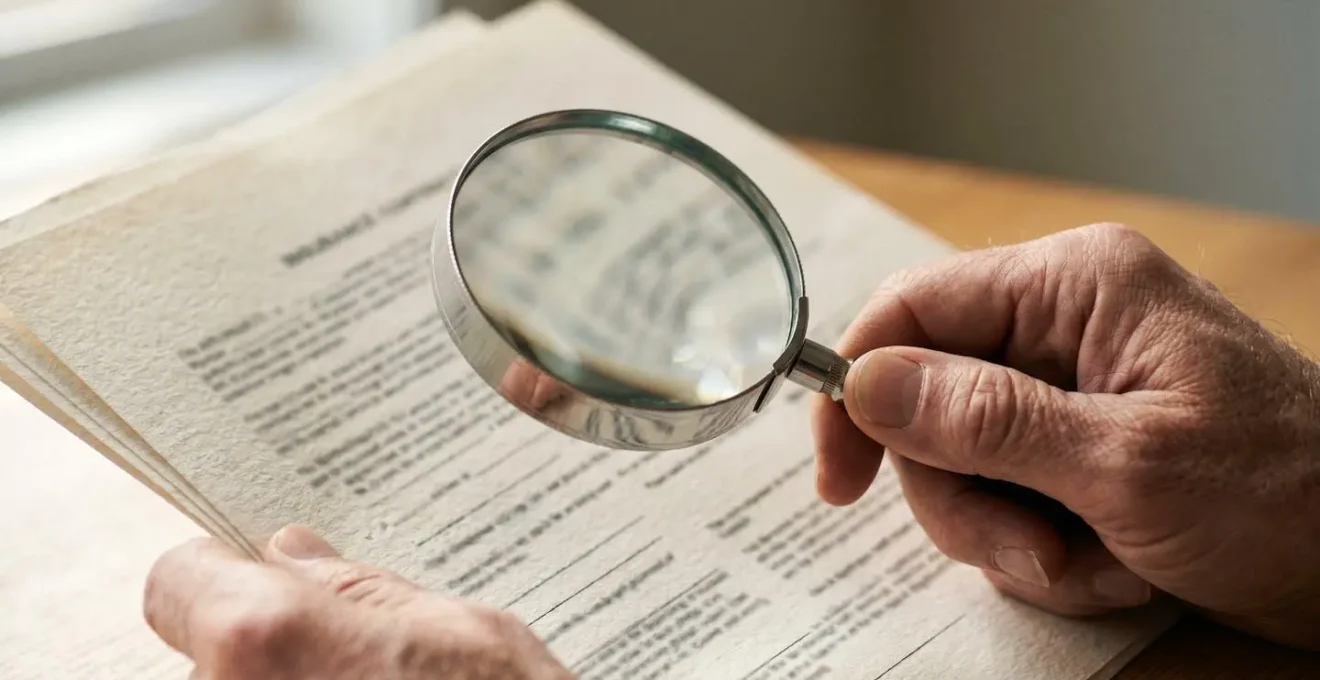 Mains tenant une loupe au-dessus d'un document d'assurance automobile avec mise au point sur les clauses