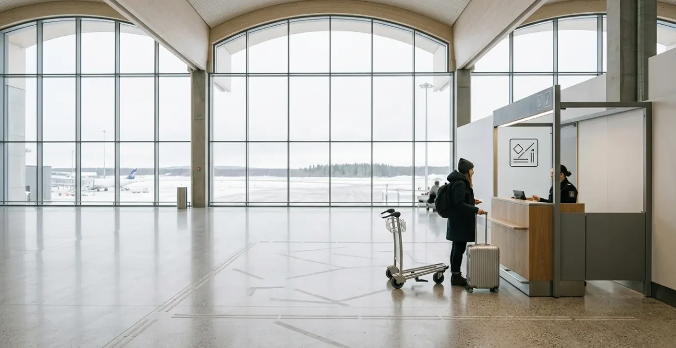 Voyageur dans un terminal d'aéroport moderne avec ses bagages, ambiance nordique et lumineuse