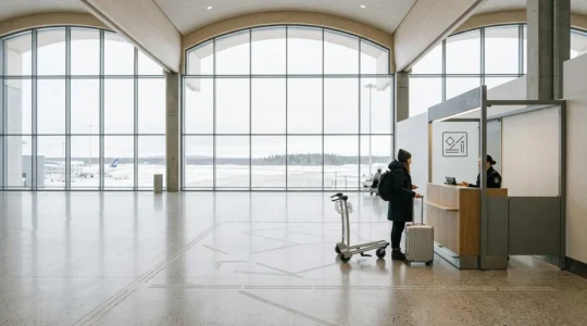Voyageur dans un terminal d'aéroport moderne avec ses bagages, ambiance nordique et lumineuse