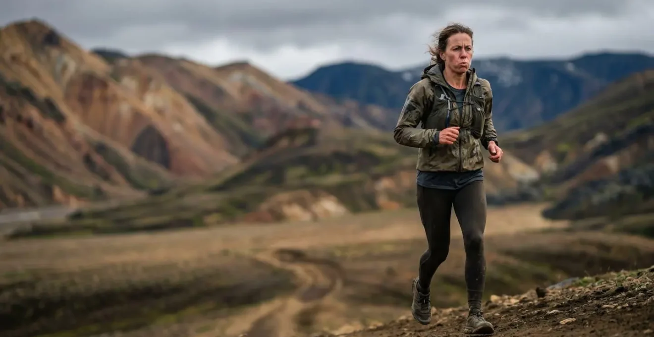 Athlète en plein effort mental dans les paysages désertiques et volcaniques du Laugavegur