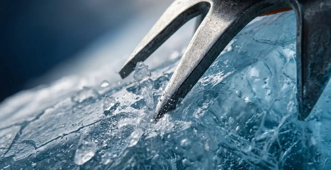 Détail macro des pointes avant d'un crampon mordant dans la glace bleue compacte