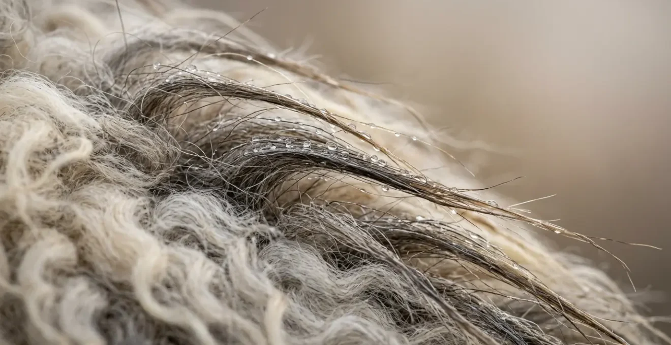 Gros plan sur la toison double couche d'un mouton islandais montrant les fibres Tog et Thel