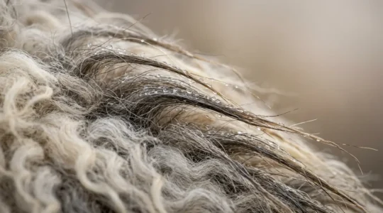 Gros plan sur la toison double couche d'un mouton islandais montrant les fibres Tog et Thel