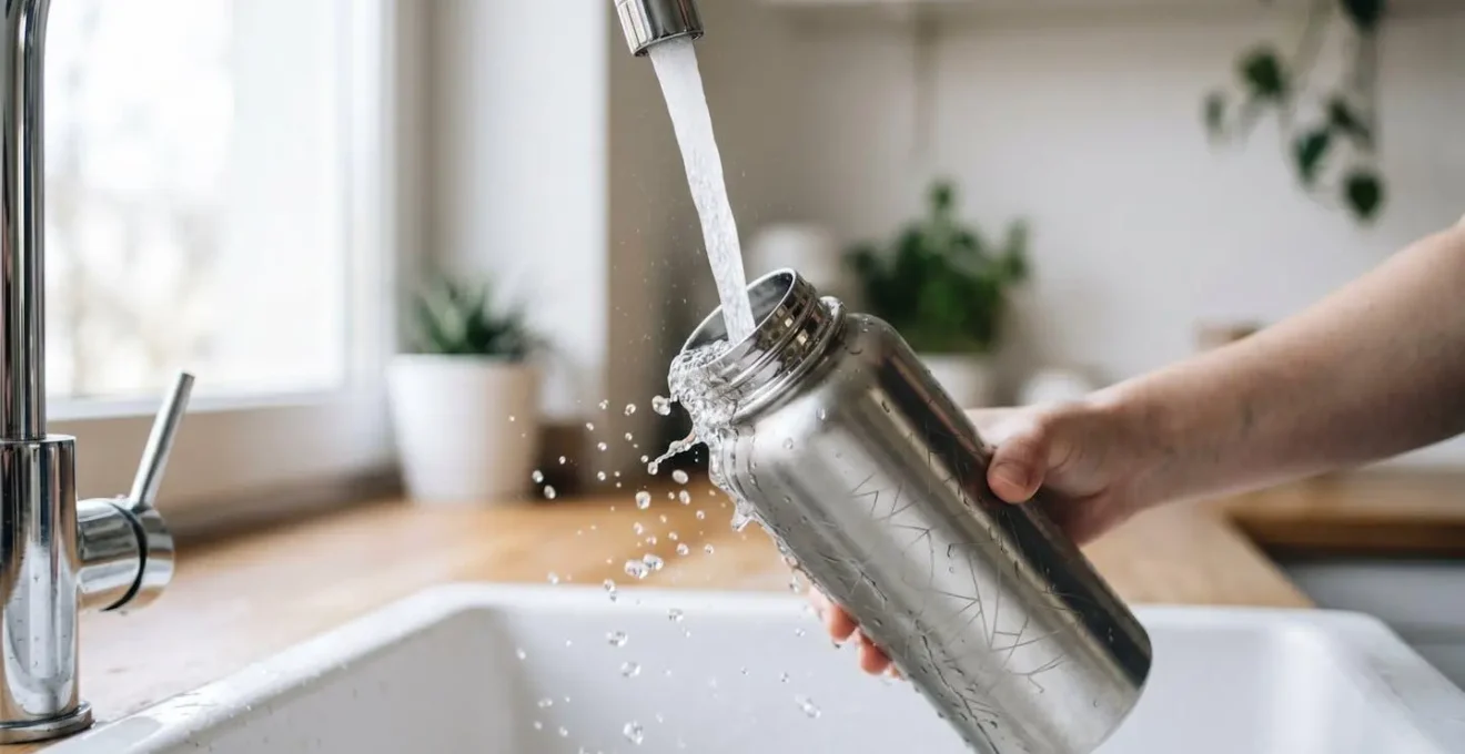 Gourde réutilisable en acier sous un filet d'eau cristalline avec lumière naturelle douce