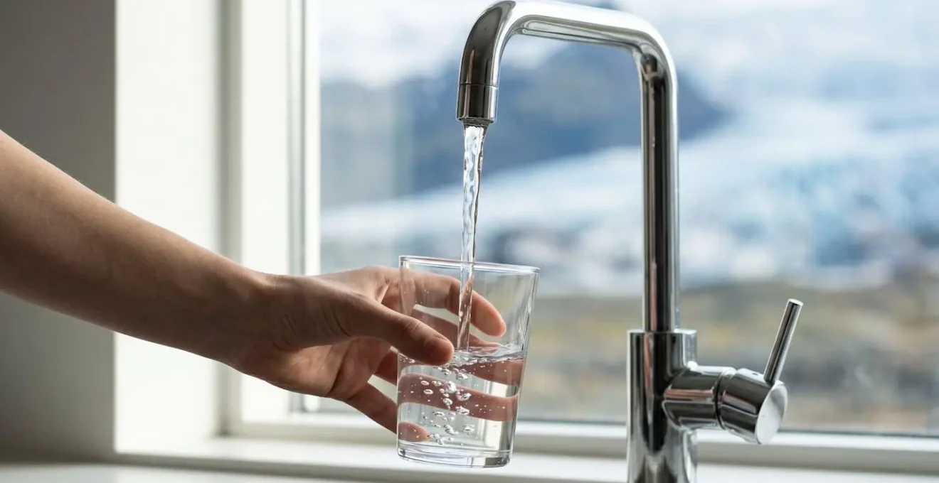 Eau cristalline du robinet islandais dans un verre simple