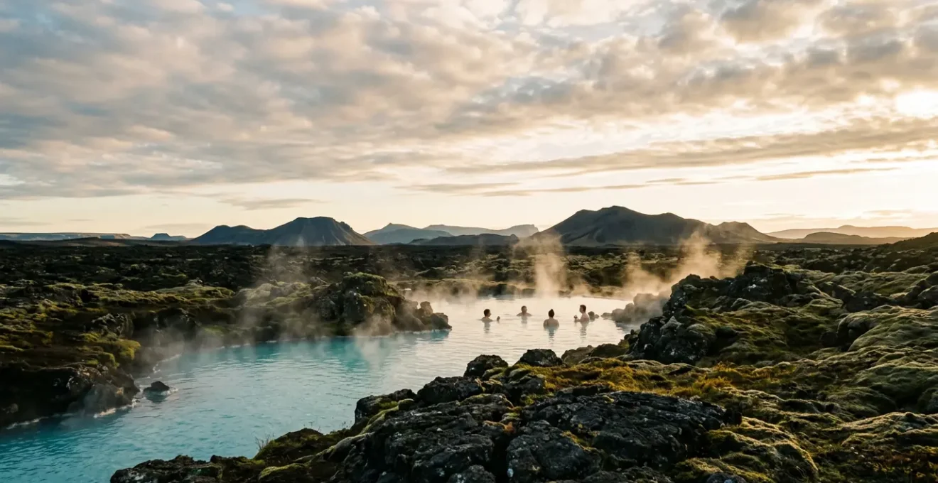 Bain géothermique islandais avec vapeur et paysage volcanique pour soigner psoriasis et rhumatismes