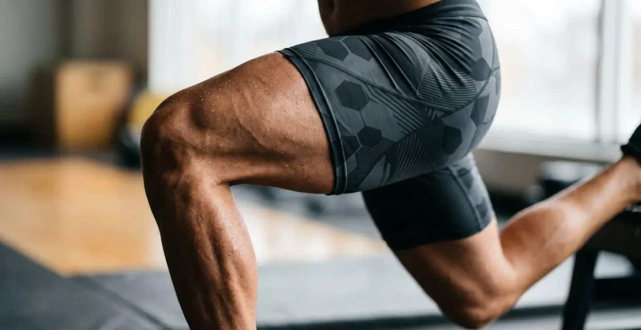 Gros plan sur jambes d'athlète executant fente bulgare avec detail musculaire et tension
