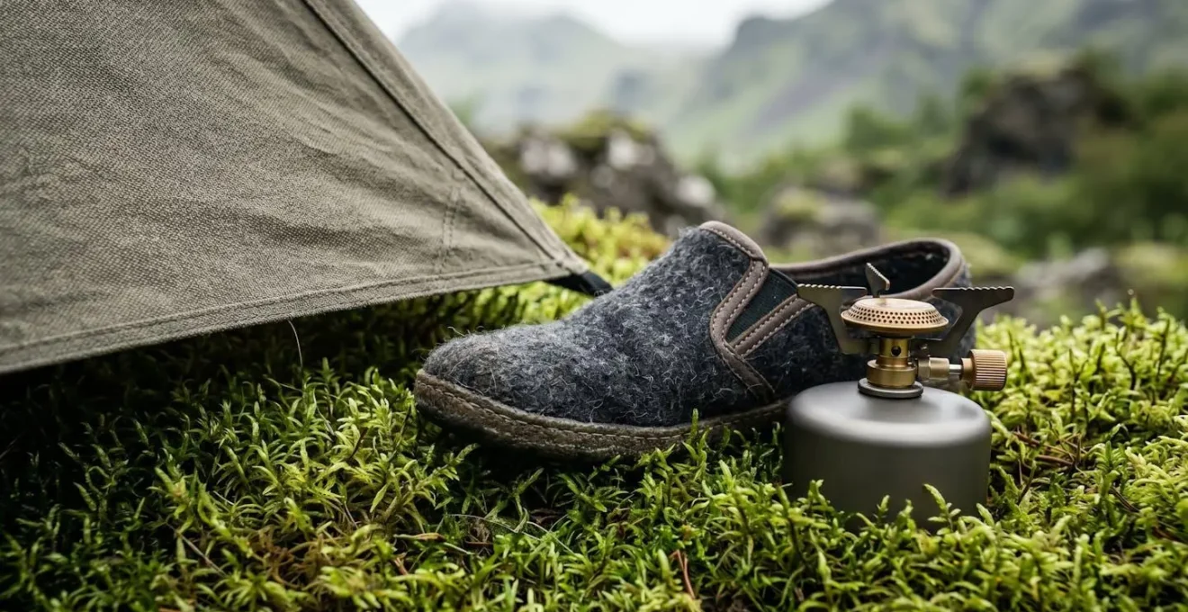 Équipement de camping minimaliste disposé sur un sol de mousse en Islande