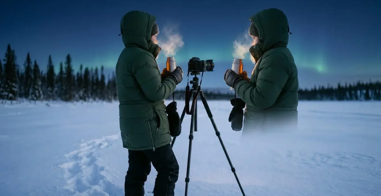 Photographe emmitouflé dans une parka d'expédition attendant patiemment près de son trépied dans un paysage enneigé nocturne avec thermos fumant