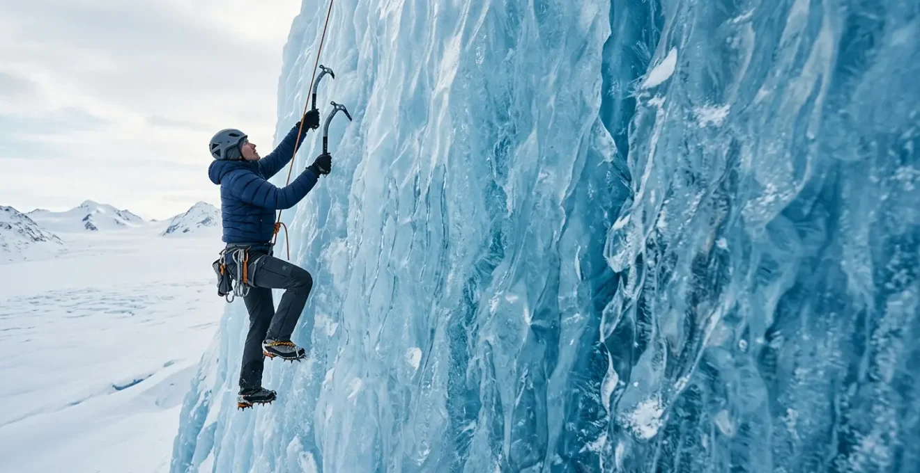 Grimpeur escaladant un mur de glace bleue translucide avec piolets et crampons