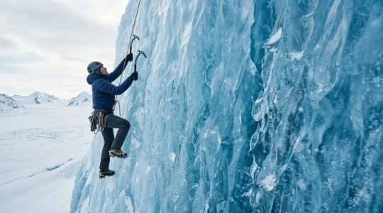 Grimpeur escaladant un mur de glace bleue translucide avec piolets et crampons