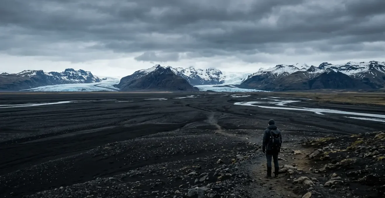 Explorateur solitaire face à un paysage islandais dramatique et mystérieux