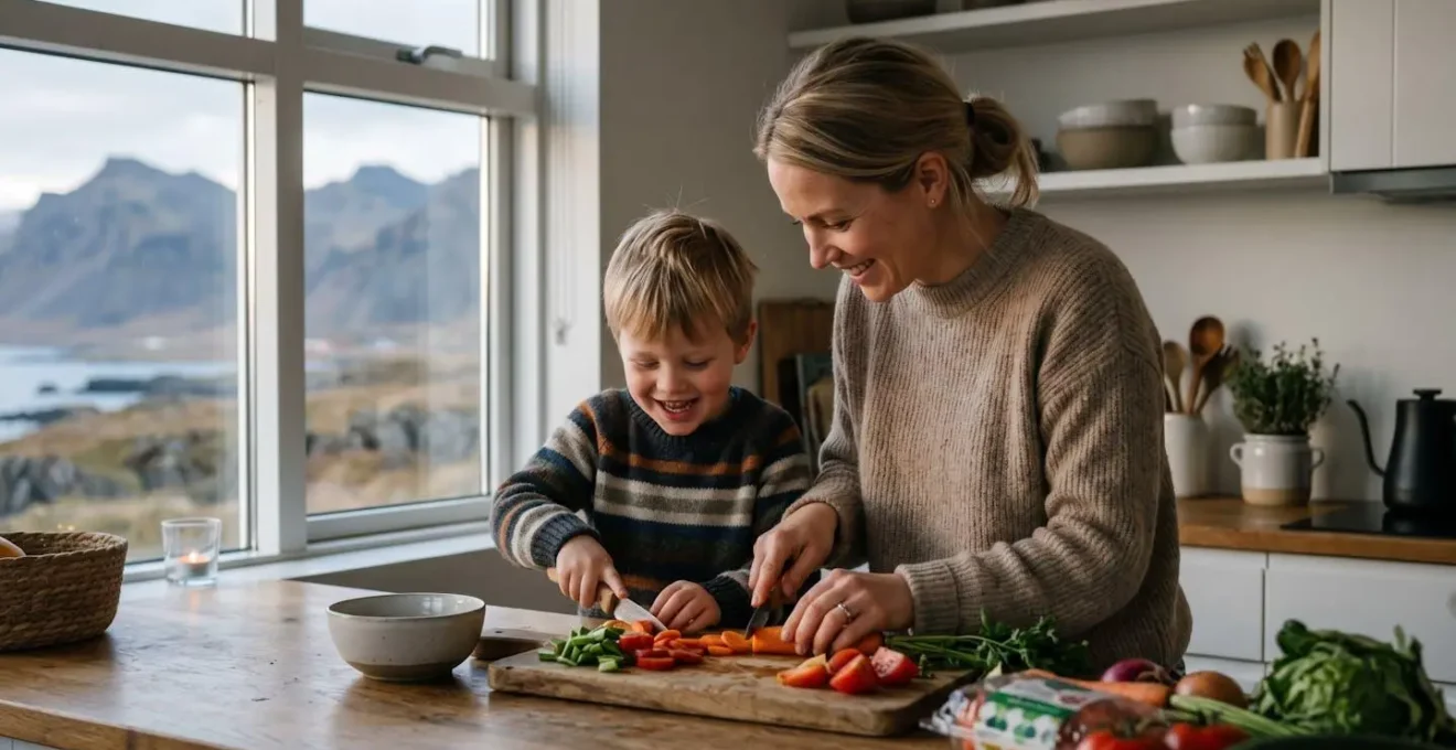 Famille préparant un repas ensemble dans une cuisine d'appartement en Islande