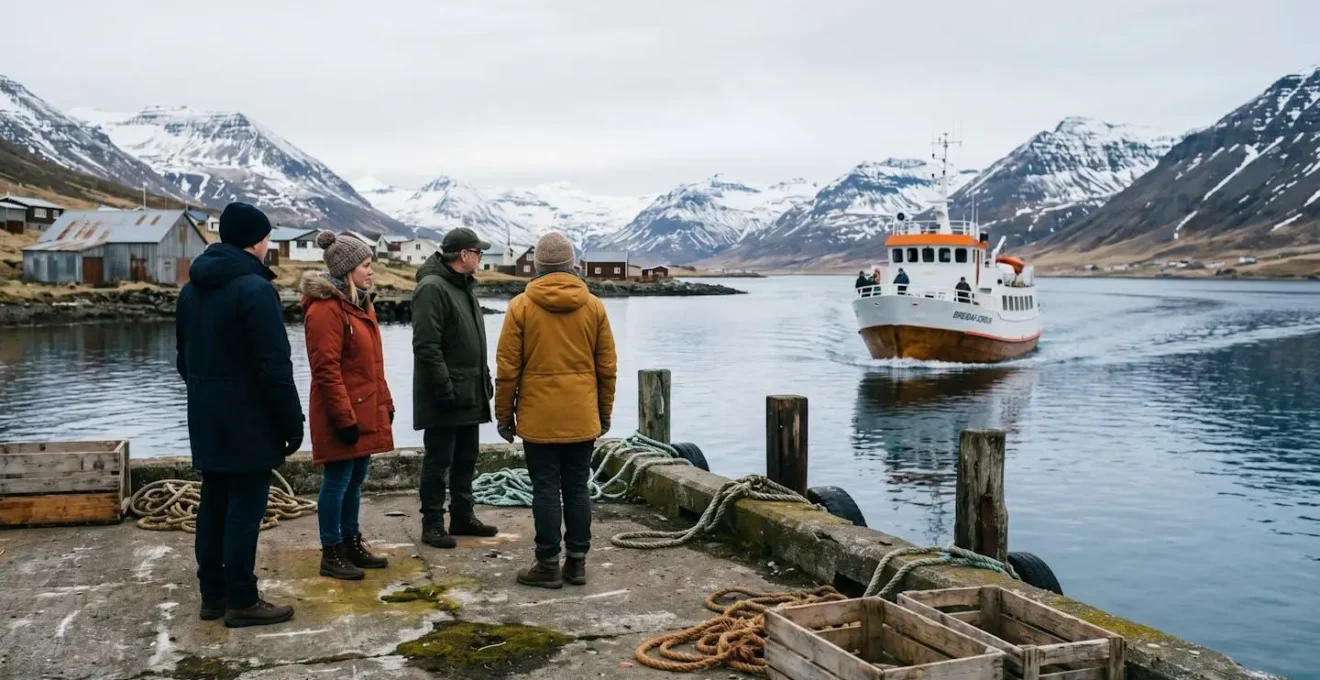 Scène atmosphérique d'un petit port islandais au nord avec ferry accostant, habitants rassemblés sur le quai en attente