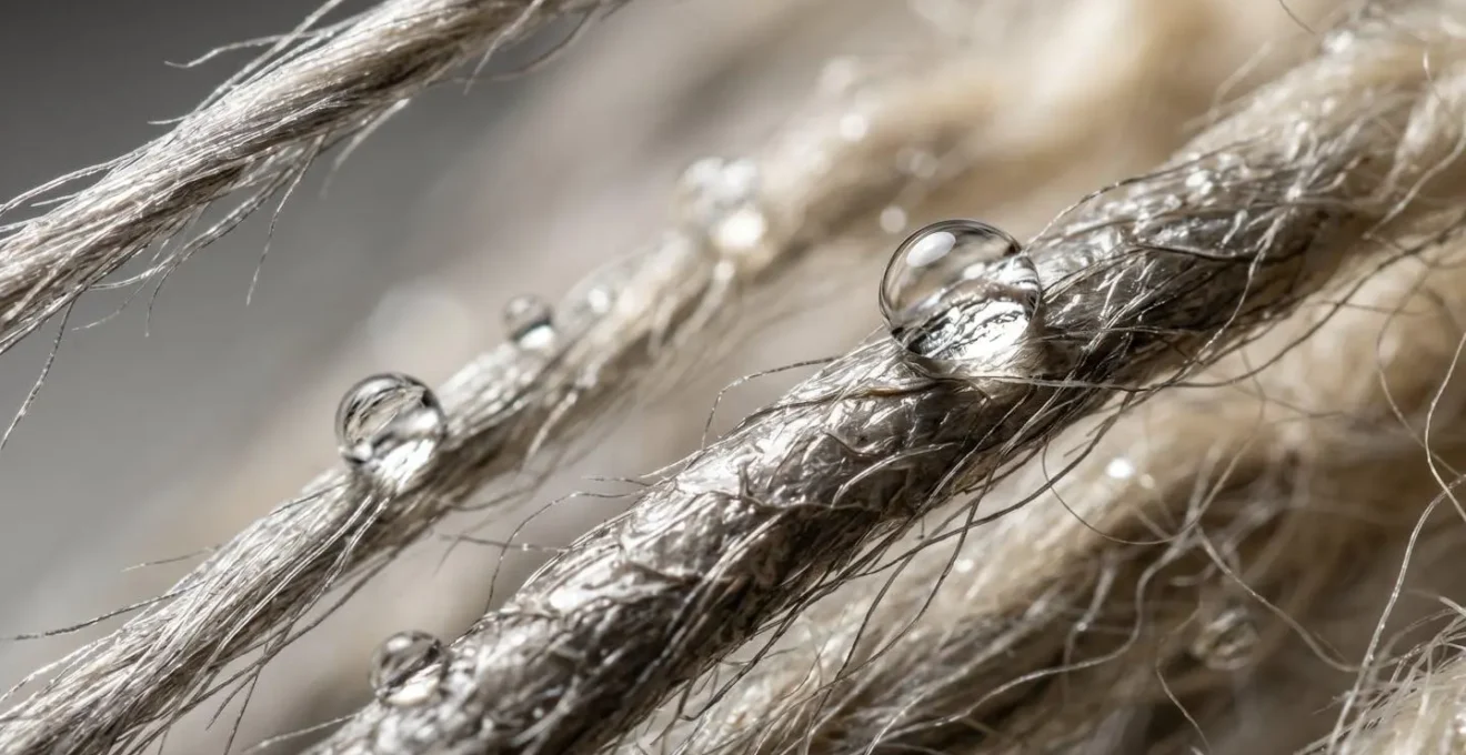 Macro des fibres Tog montrant l'effet déperlant avec des gouttes d'eau perlant à la surface