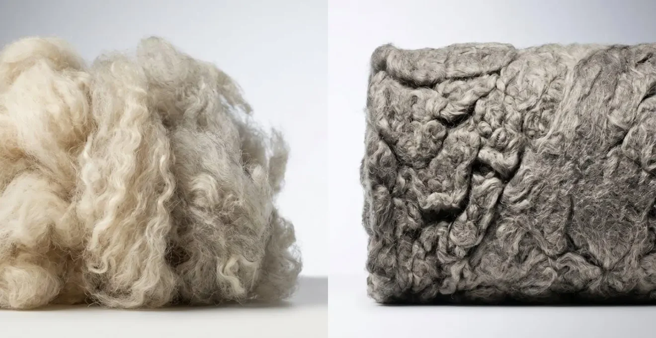 Représentation visuelle du processus de feutrage des fibres de laine avec écailles emmêlées