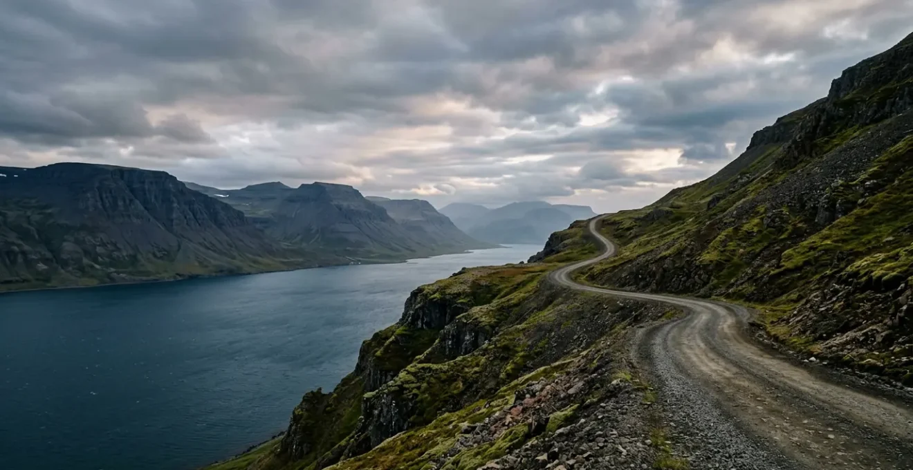 Route sinueuse serpentant le long d'un fjord islandais entouré de montagnes escarpées sous un ciel changeant