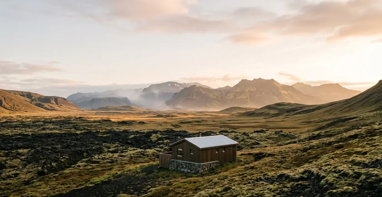 Paysage islandais dramatique avec guesthouse isolée au crépuscule, destination voyage