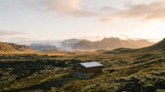 Paysage islandais dramatique avec guesthouse isolée au crépuscule, destination voyage