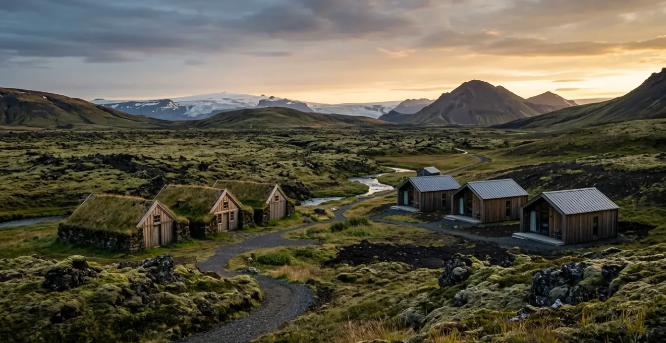 Hébergements typiques en Islande avec paysages volcaniques au crépuscule