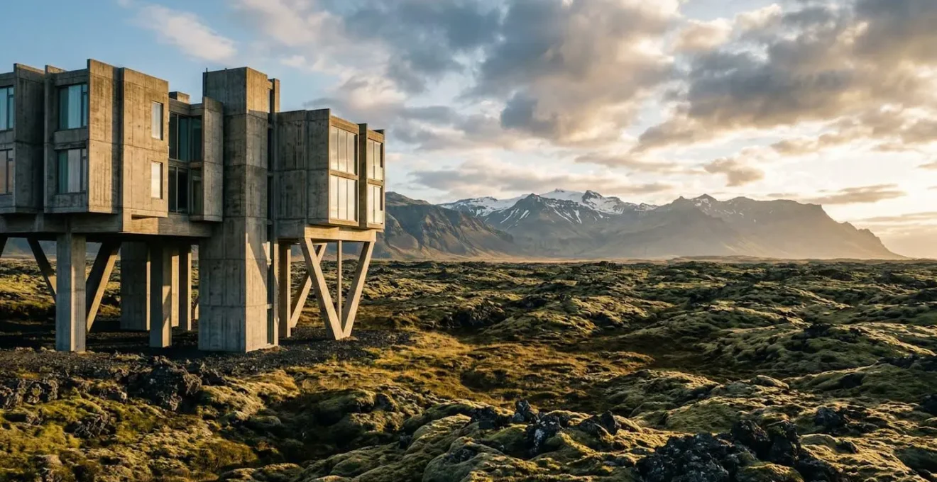 Architecture hôtelière moderne en béton et verre intégrée dans le paysage volcanique islandais