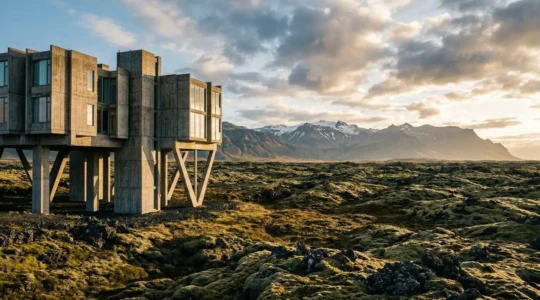 Architecture hôtelière moderne en béton et verre intégrée dans le paysage volcanique islandais