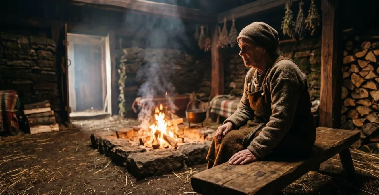 Intérieur d'une maison longue viking avec foyer central et banquettes