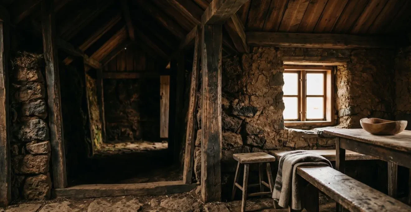 Intérieur rustique d'une maison traditionnelle en tourbe avec poutres en bois et murs de terre naturels