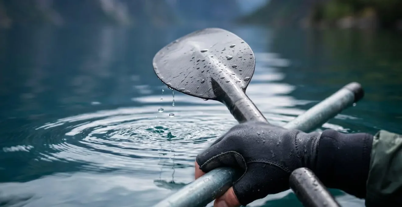 Vue rapprochée d'un kayakiste dans les eaux calmes d'un fjord, entouré par le silence de la nature