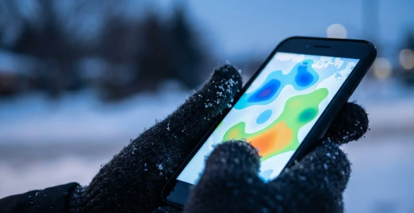 Main tenant un smartphone affichant une carte météo abstraite avec zones de couleurs représentant la couverture nuageuse