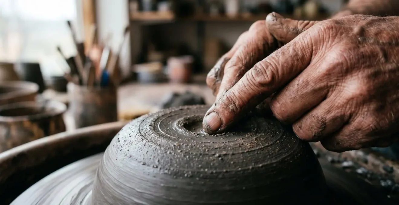 Mains d'artisan modelant de l'argile volcanique avec une texture rugueuse et des outils traditionnels