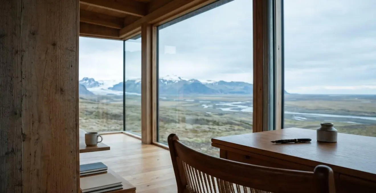 Intérieur préservé d'une maison d'écrivain islandais avec vue sur le paysage