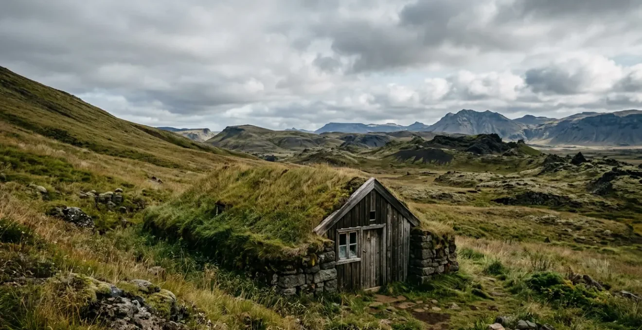 Maison traditionnelle islandaise en tourbe avec toit végétalisé verdoyant sous un ciel nordique lumineux