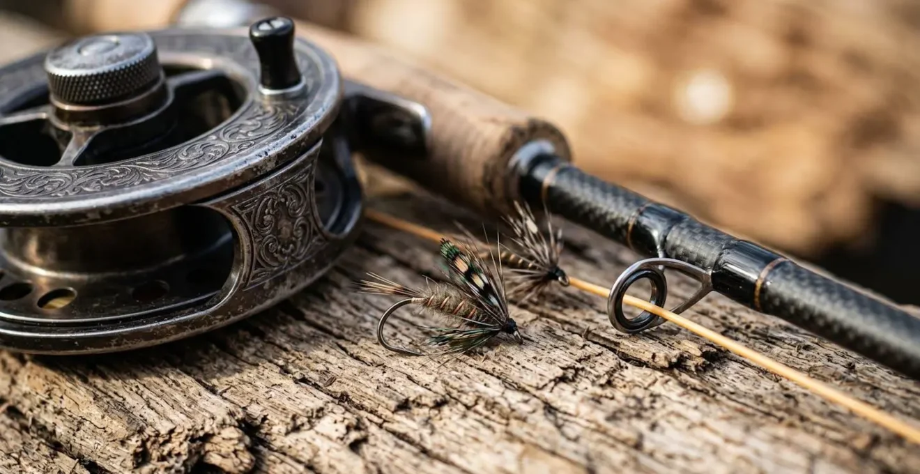 Équipement de pêche à la mouche posé sur une surface en bois brut avec éclairage naturel doux