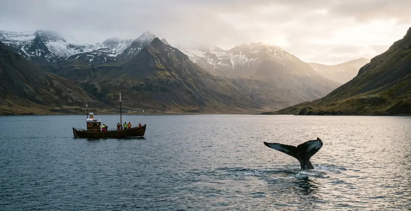 Baleine à bosse émergeant paisiblement dans un fjord islandais avec un bateau d'observation respectant la distance de sécurité