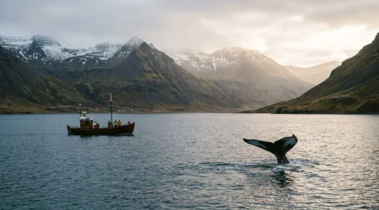Baleine à bosse émergeant paisiblement dans un fjord islandais avec un bateau d'observation respectant la distance de sécurité
